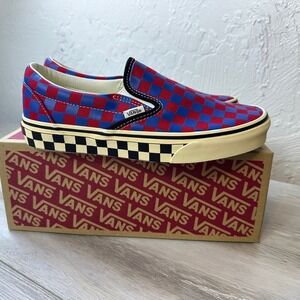 Vans Classic Slip-On Shoes Mens Size 8 Red Blue Canvas Checkerboard Skater NEW
